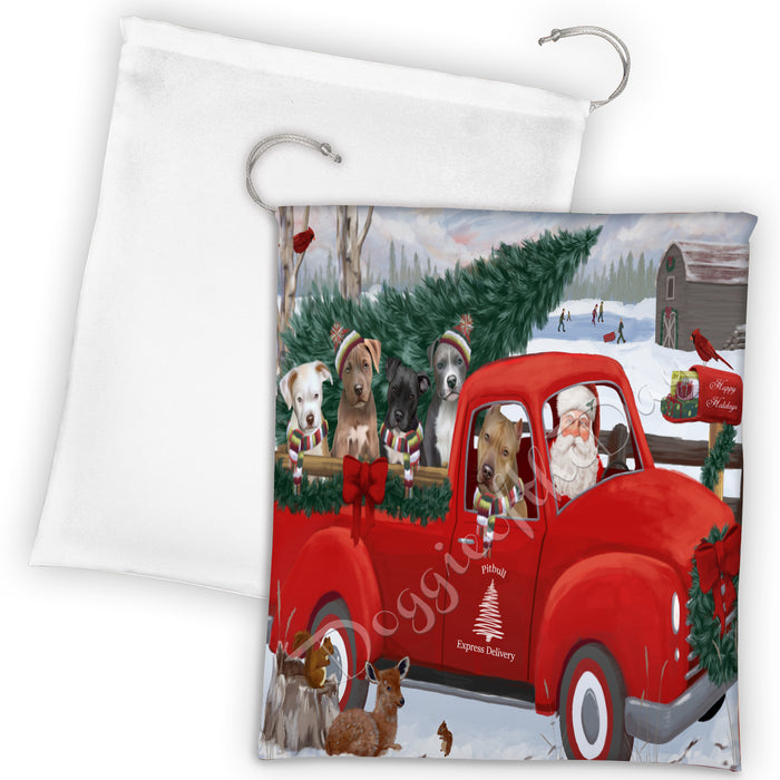 Christmas Santa Express Delivery Red Truck Pitbull Dogs Drawstring Laundry or Gift Bag LGB48327