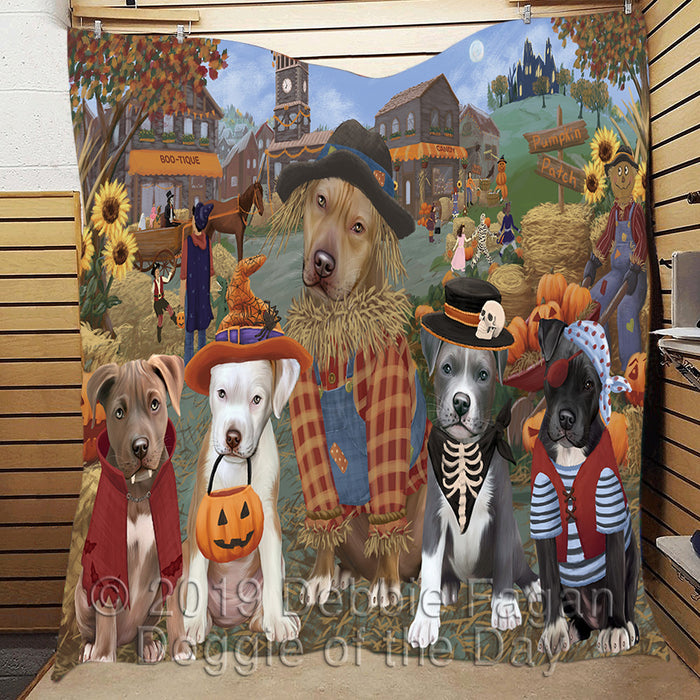 Halloween 'Round Town and Fall Pumpkin Scarecrow Both Pit Bull Dogs Quilt