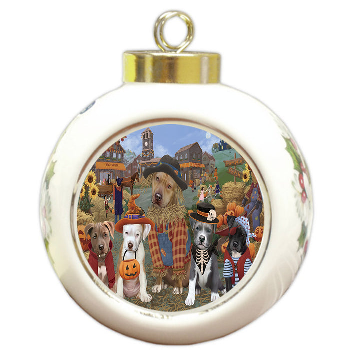 Halloween 'Round Town And Fall Pumpkin Scarecrow Both Pit Bull Dogs Round Ball Christmas Ornament RBPOR57593