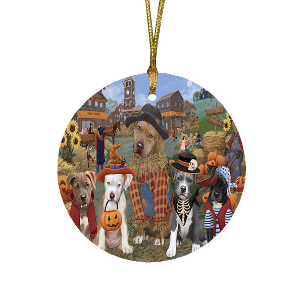 Halloween 'Round Town And Fall Pumpkin Scarecrow Both Pit Bull Dogs Round Flat Christmas Ornament RFPOR57593