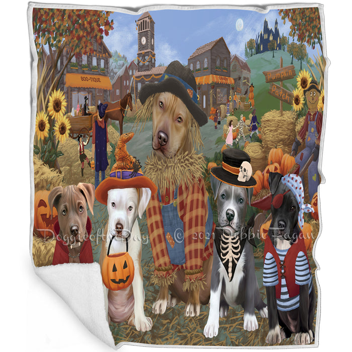 Halloween 'Round Town And Fall Pumpkin Scarecrow Both Pit Bull Dogs Blanket BLNKT143618