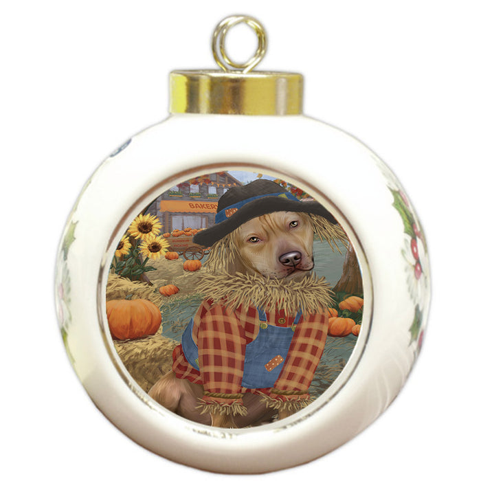 Halloween 'Round Town And Fall Pumpkin Scarecrow Both Pit Bull Dog Round Ball Christmas Ornament RBPOR57654