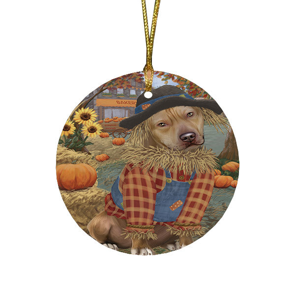 Halloween 'Round Town And Fall Pumpkin Scarecrow Both Pit Bull Dog Round Flat Christmas Ornament RFPOR57654