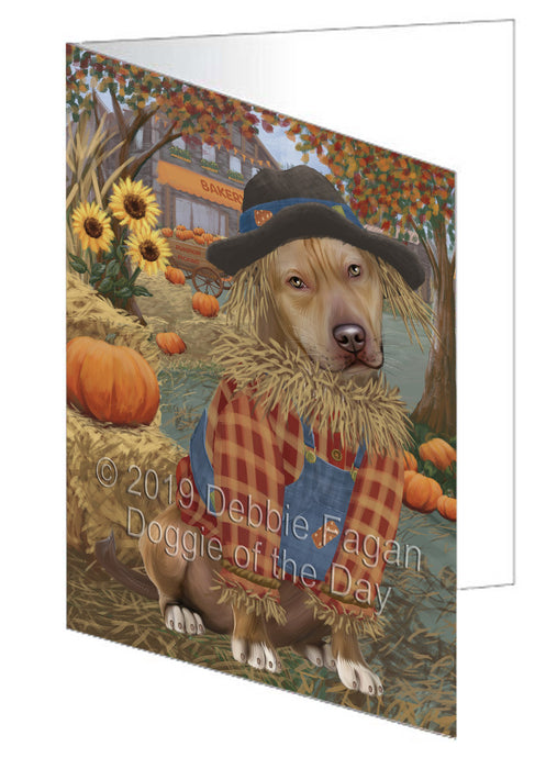 Fall Pumpkin Scarecrow Pitbull Dogs Handmade Artwork Assorted Pets Greeting Cards and Note Cards with Envelopes for All Occasions and Holiday Seasons GCD78596