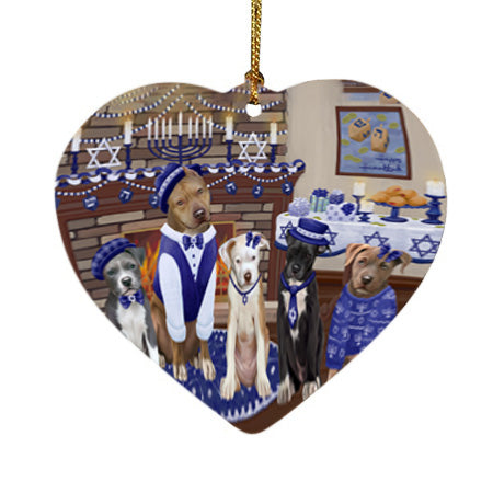 Happy Hanukkah Family Pitbull Dogs Heart Christmas Ornament HPORA58432