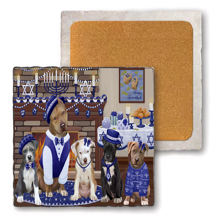 Happy Hanukkah Family Pit Bull Dogs Set of 4 Natural Stone Marble Tile Coasters MCST52276