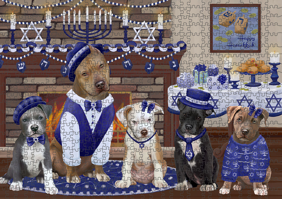 Happy Hanukkah Pitbull Dogs Portrait Jigsaw Puzzle for Adults Animal Interlocking Puzzle Game Unique Gift for Dog Lover's with Metal Tin Box