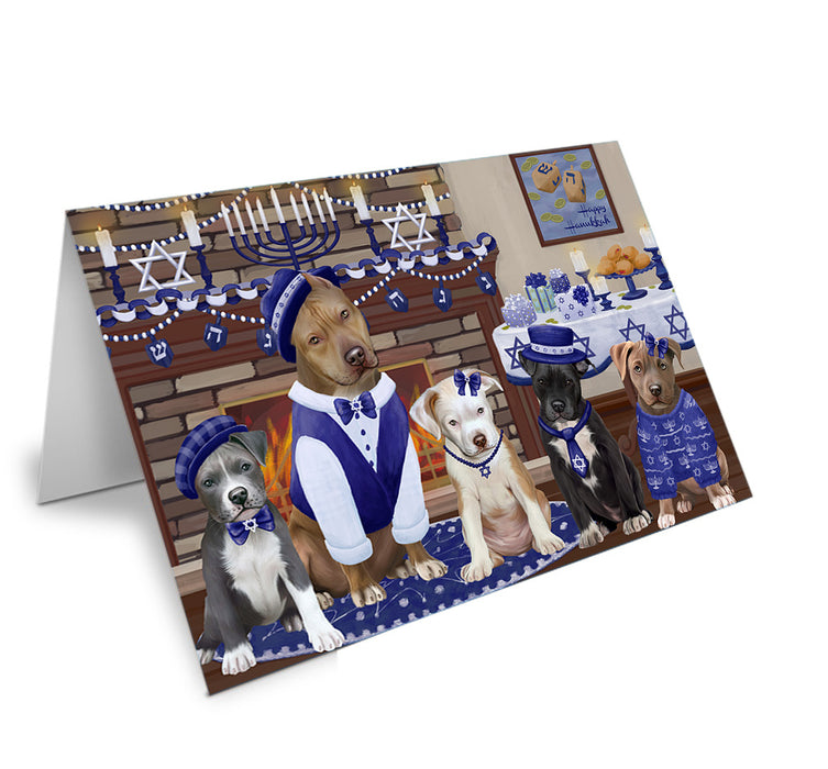 Happy Hanukkah Family Pitbull Dogs Handmade Artwork Assorted Pets Greeting Cards and Note Cards with Envelopes for All Occasions and Holiday Seasons GCD79055