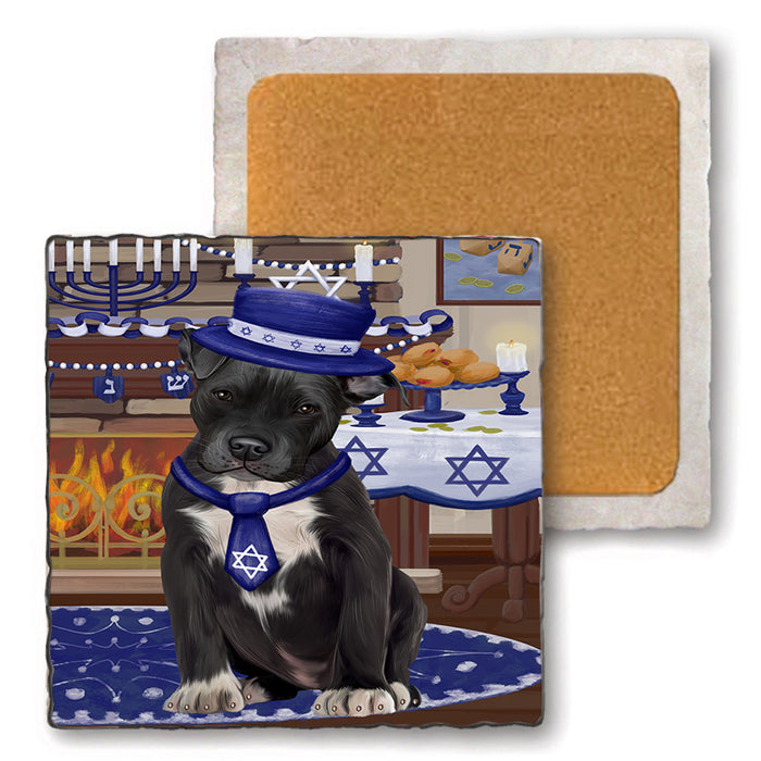 Happy Hanukkah  Pit Bull Dogs Set of 4 Natural Stone Marble Tile Coasters MCST52489