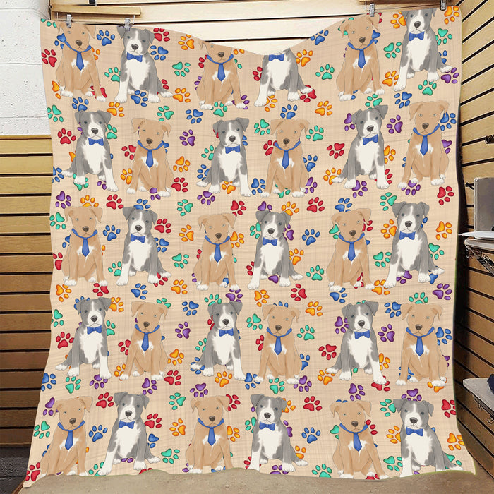 Rainbow Paw Print Pit Bull Dogs Blue Quilt