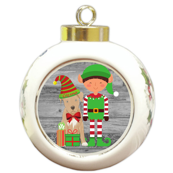 Custom Personalized Pitbull Dog Elfie and Presents Christmas Round Ball Ornament