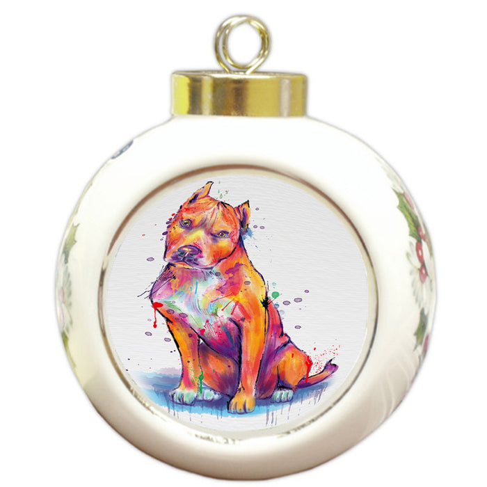 Watercolor Pitbull Dog Round Ball Christmas Ornament RBPOR58221