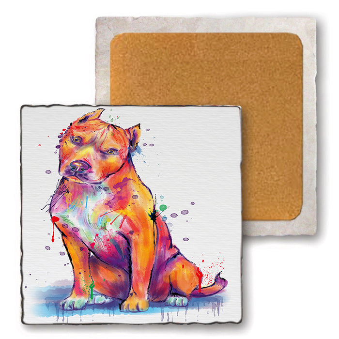 Watercolor Pit Bull Dog Set of 4 Natural Stone Marble Tile Coasters MCST52094