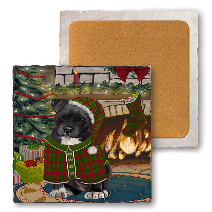 The Stocking was Hung Pit Bull Dog Set of 4 Natural Stone Marble Tile Coasters MCST50558