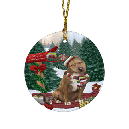 Merry Christmas Woodland Sled Pit Bull Dog Round Flat Christmas Ornament RFPOR55345