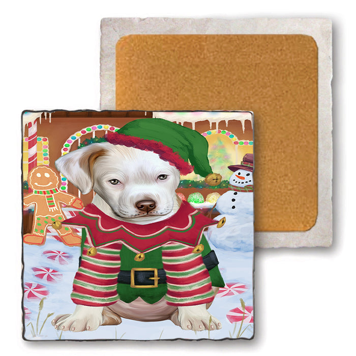 Christmas Gingerbread House Candyfest Pit Bull Dog Set of 4 Natural Stone Marble Tile Coasters MCST51474