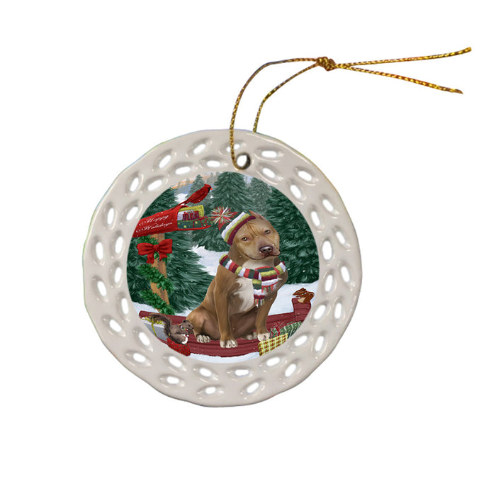 Merry Christmas Woodland Sled Pit Bull Dog Ceramic Doily Ornament DPOR55345