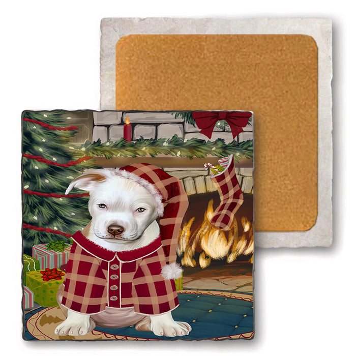 The Stocking was Hung Pit Bull Dog Set of 4 Natural Stone Marble Tile Coasters MCST50559