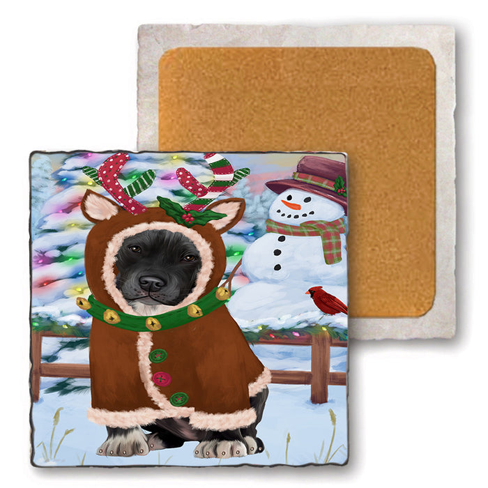 Christmas Gingerbread House Candyfest Pit Bull Dog Set of 4 Natural Stone Marble Tile Coasters MCST51475