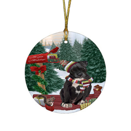 Merry Christmas Woodland Sled Pit Bull Dog Round Flat Christmas Ornament RFPOR55346