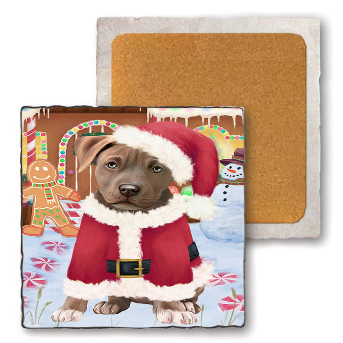 Christmas Gingerbread House Candyfest Pit Bull Dog Set of 4 Natural Stone Marble Tile Coasters MCST51476