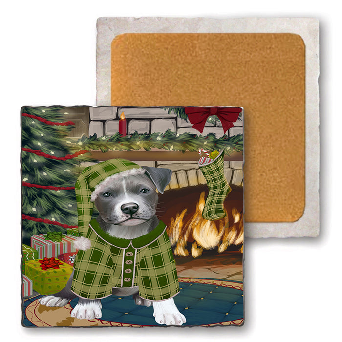 The Stocking was Hung Pit Bull Dog Set of 4 Natural Stone Marble Tile Coasters MCST50560