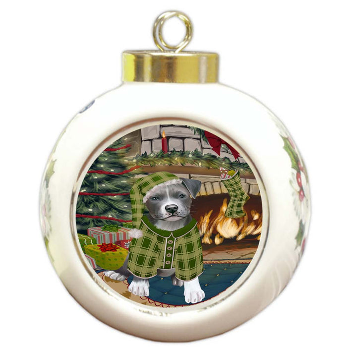 The Stocking was Hung Pit Bull Dog Round Ball Christmas Ornament RBPOR55916