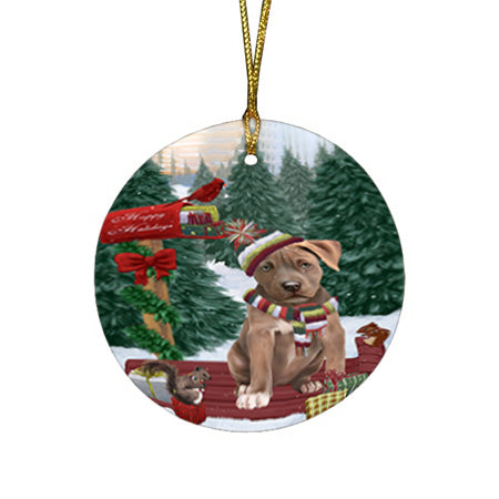 Merry Christmas Woodland Sled Pit Bull Dog Round Flat Christmas Ornament RFPOR55347