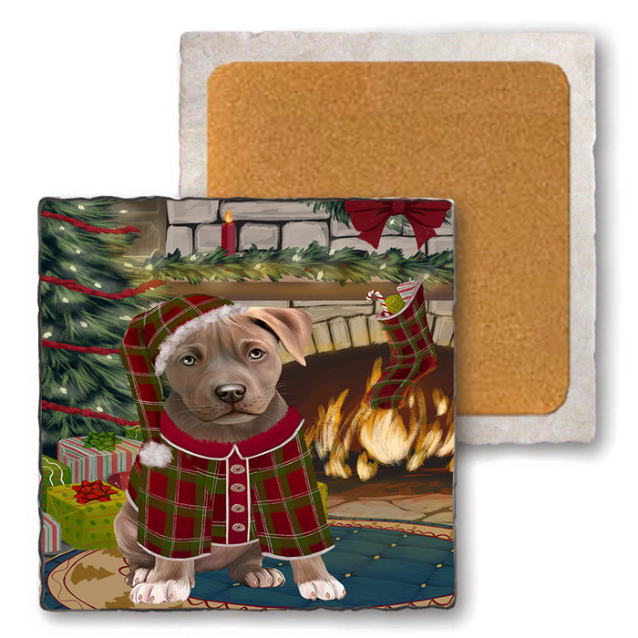 The Stocking was Hung Pit Bull Dog Set of 4 Natural Stone Marble Tile Coasters MCST50561