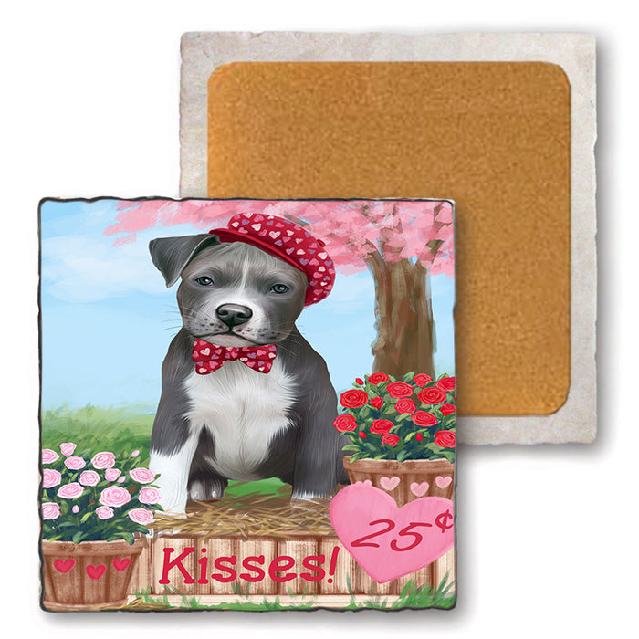 Rosie 25 Cent Kisses Pit Bull Dog Set of 4 Natural Stone Marble Tile Coasters MCST51445