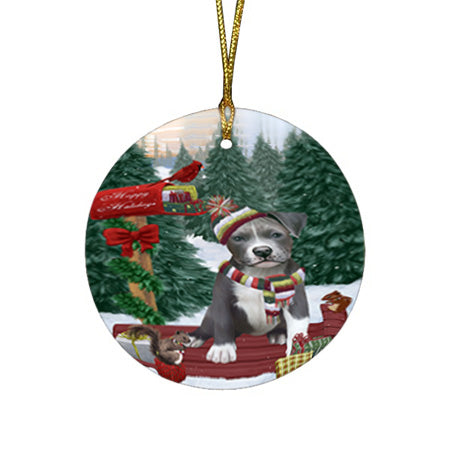 Merry Christmas Woodland Sled Pit Bull Dog Round Flat Christmas Ornament RFPOR55348