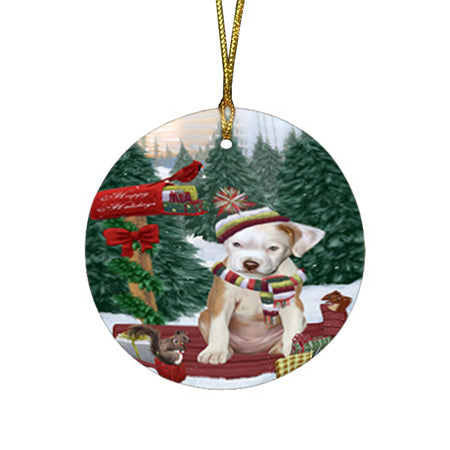 Merry Christmas Woodland Sled Pit Bull Dog Round Flat Christmas Ornament RFPOR55349