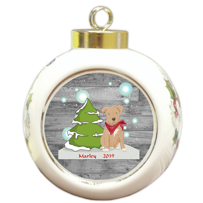Custom Personalized Winter Scenic Tree and Presents Pitbull Dog Christmas Round Ball Ornament