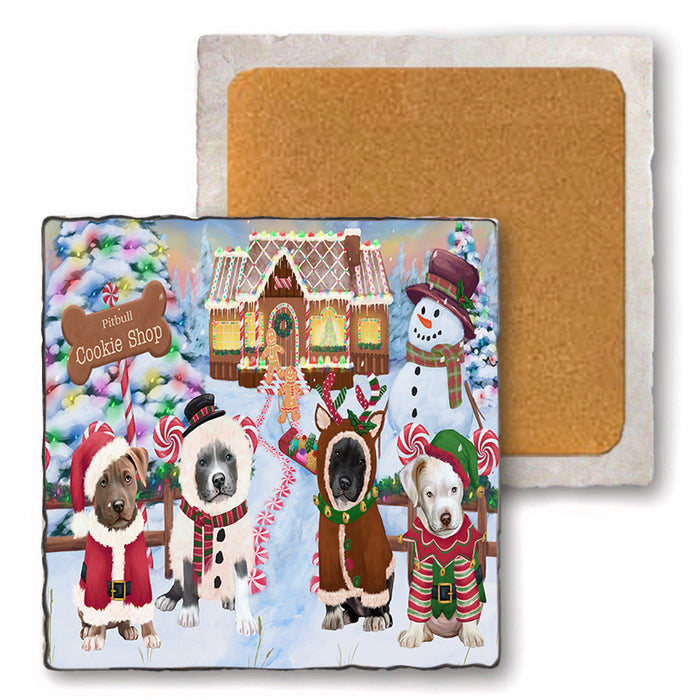 Holiday Gingerbread Cookie Shop Pit Bulls Dog Set of 4 Natural Stone Marble Tile Coasters MCST51509