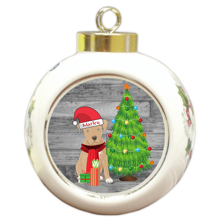 Custom Personalized Pitbull Dog With Tree and Presents Christmas Round Ball Ornament