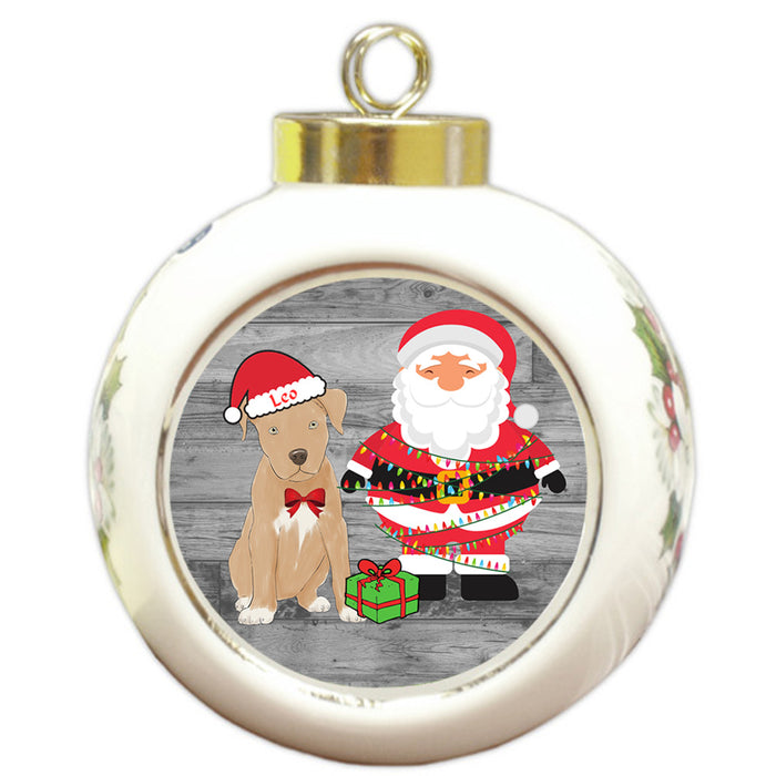 Custom Personalized Pitbull Dog With Santa Wrapped in Light Christmas Round Ball Ornament