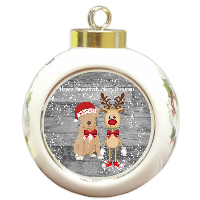 Custom Personalized Pitbull Dog Reindeer and Pooch Christmas Round Ball Ornament