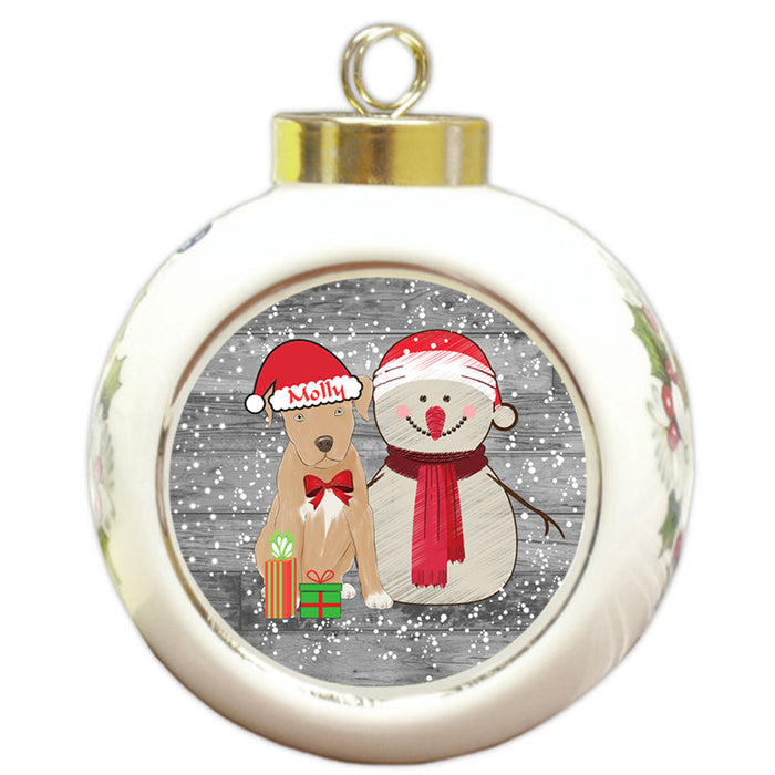 Custom Personalized Snowy Snowman and Pitbull Dog Christmas Round Ball Ornament
