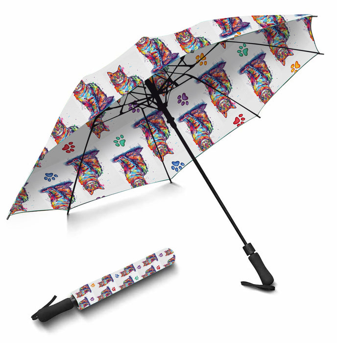 Watercolor Mini Pixie Bob CatsSemi-Automatic Foldable Umbrella