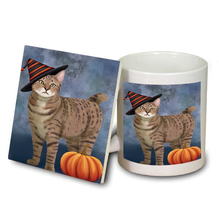 Happy Halloween Pixie Bob Wearing Witch Hat with Pumpkin Mug and Coaster Set MUC54978