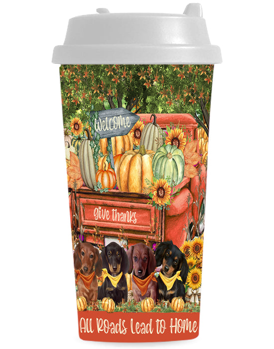 All Roads Lead to Home Orange Truck Harvest Fall Pumpkin Dachshund Dog on Double Wall Plastic Mug