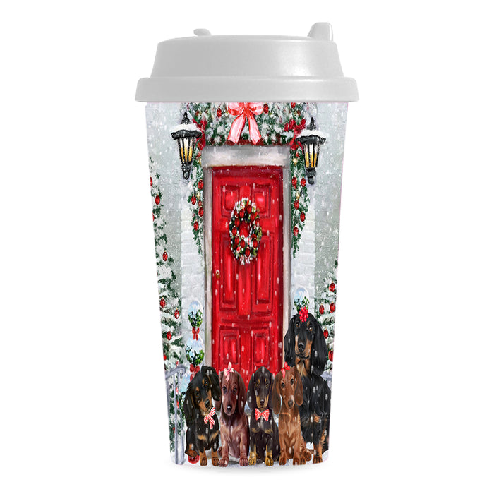 Christmas Holiday Welcome Red Door Dachshund Dog on Double Wall Plastic Mug