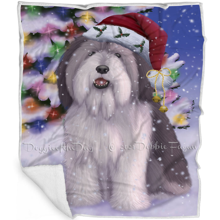 Winterland Wonderland Polish Lowland Sheepdog In Christmas Holiday Scenic Background Blanket BLNKT120837