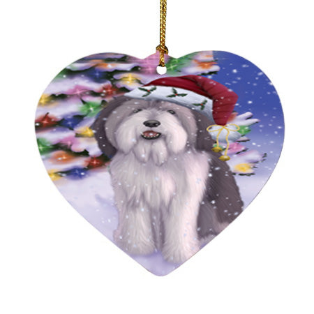 Winterland Wonderland Polish Lowland Sheepdog In Christmas Holiday Scenic Background Heart Christmas Ornament HPOR56069