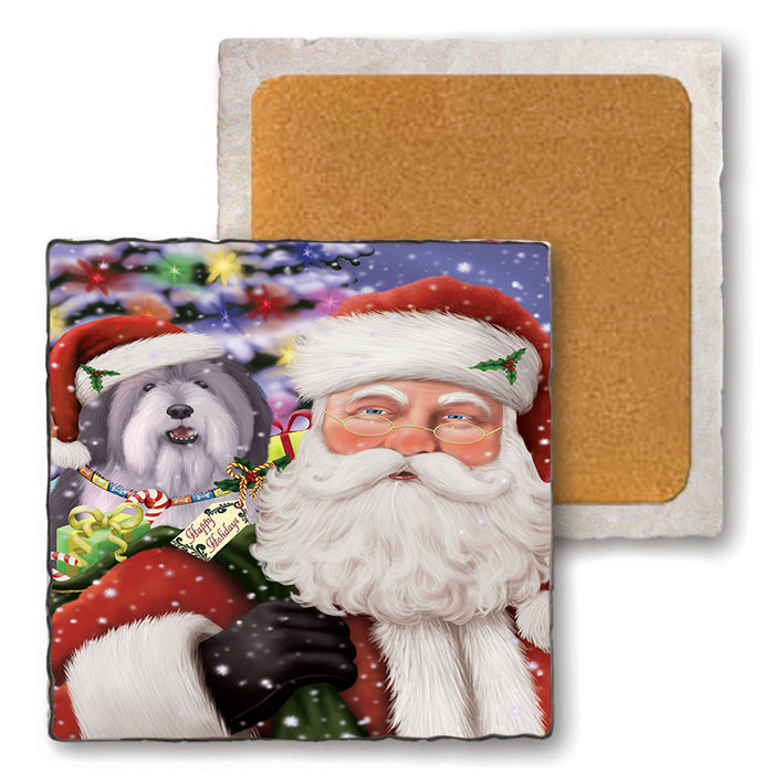 Santa Carrying Polish Lowland Sheepdog and Christmas Presents Set of 4 Natural Stone Marble Tile Coasters MCST50516