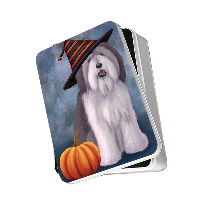 Happy Halloween Polish Lowland Sheepdog Wearing Witch Hat with Pumpkin Photo Storage Tin PITN54930