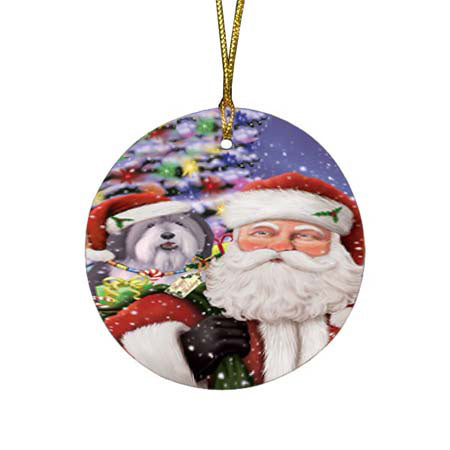 Santa Carrying Polish Lowland Sheepdog and Christmas Presents Round Flat Christmas Ornament RFPOR55872