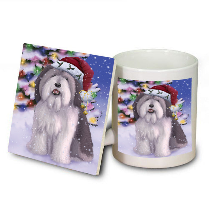 Winterland Wonderland Polish Lowland Sheepdog In Christmas Holiday Scenic Background Mug and Coaster Set MUC55705