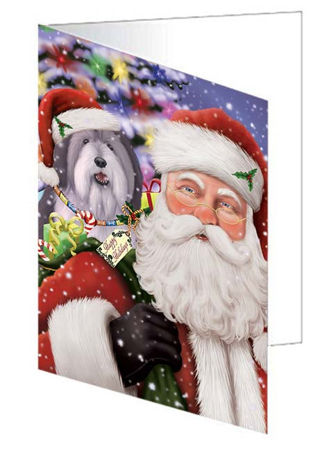 Santa Carrying Polish Lowland Sheepdog and Christmas Presents Handmade Artwork Assorted Pets Greeting Cards and Note Cards with Envelopes for All Occasions and Holiday Seasons GCD71063