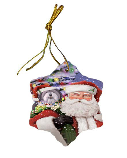 Santa Carrying Polish Lowland Sheepdog and Christmas Presents Star Porcelain Ornament SPOR55872